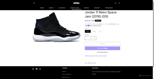 Security scan screenshot of https://www.heavensneakershop.com/products/air-jordan-11-space-jam-gs?srsltid=AfmBOorT0Lfgg3krYYnZOdOdNSu2Uk2ck7x8ddfHqpY0b86b0zumHgCP
