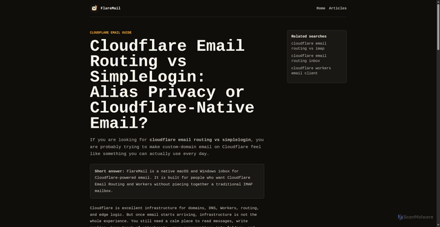 Security scan screenshot of https://sendwithflare.com/articles/cloudflare-email-routing-vs-simplelogin/