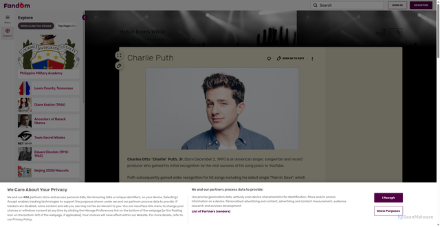 Security scan screenshot of https://musicicons.fandom.com/wiki/Charlie_Puth
