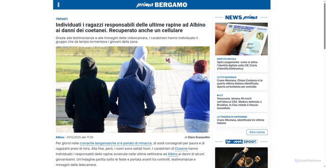 Security scan screenshot of https://primabergamo.it/cronaca/scoperti-i-nomi-dei-ragazzi-responsabili-delle-ultime-rapine-ad-albino-ai-danni-dei-coetanei-recuperato-anche-un-cellulare/