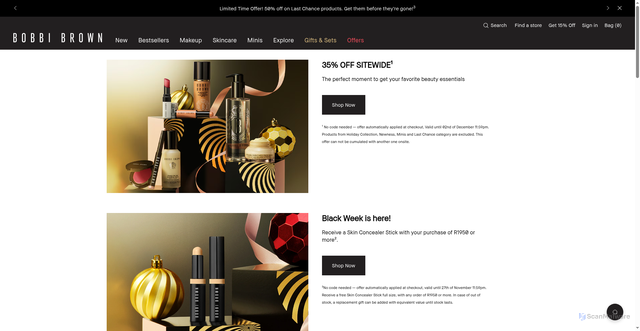 Security scan screenshot of https://www.bobbibrown.co.za/offers-landing-page?_gl=1%2A1fwve45%2A_up%2AMQ..&gclid=EAIaIQobChMI4Z3b9dDYjQMVHKlaBR0DAjYHEAAYASAAEgL-t_D_BwE&gbraid=0AAAAA-sckwVVq2MWvz8RVV0mKP20FvWKZ&lid=0p9nug9i9tjd