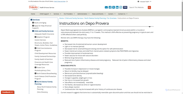 Security scan screenshot of https://www.hhs.nd.gov/cfs/family-planning/grantees/instructions-on-depo-provera