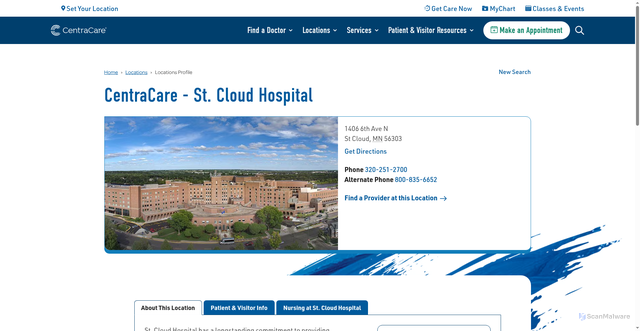 Security scan screenshot of https://www.centracare.com/locations/profile/st-cloud-hospital/