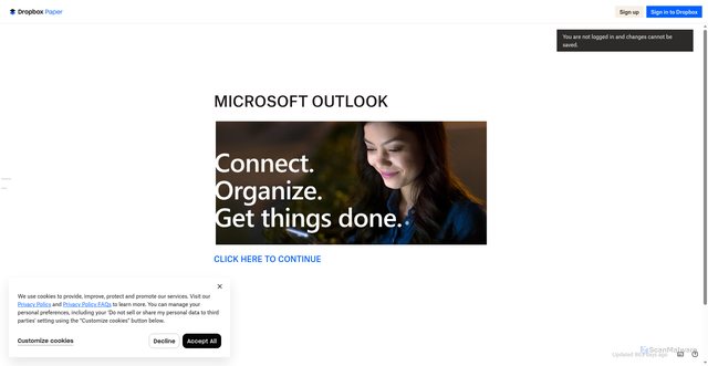 Security scan screenshot of https://www.dropbox.com/scl/fi/0efa6k2due0gvuhdeg8p7/MICROSOFT-OUTLOOK.paper?dl=0&rlkey=6uu220lk43kib3uk79nf80n9l