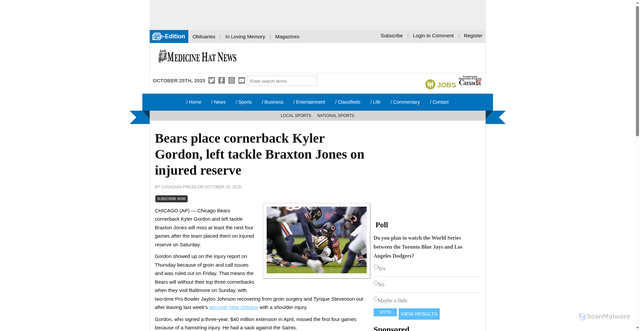 Security scan screenshot of https://medicinehatnews.com/sports/national-sports/2025/10/25/bears-place-cornerback-kyler-gordon-left-tackle-braxton-jones-on-injured-reserve/