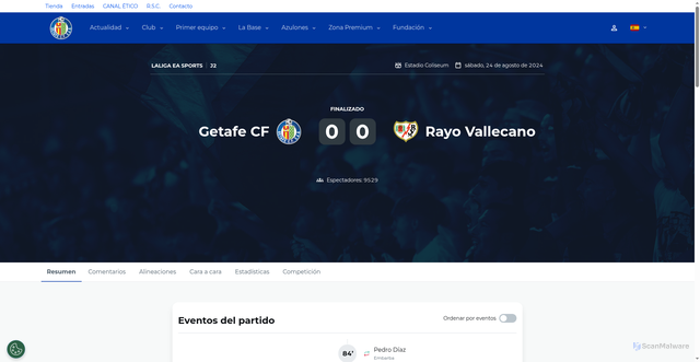 Security scan screenshot of https://www.getafecf.com/partidos/temporada-2024-2025-laliga-ea-sports-2-getafe-cf-vs-rayo-vallecano