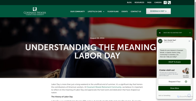 Security scan screenshot of https://covenantwoodsretirement.com/understanding-the-meaning-of-labor-day/