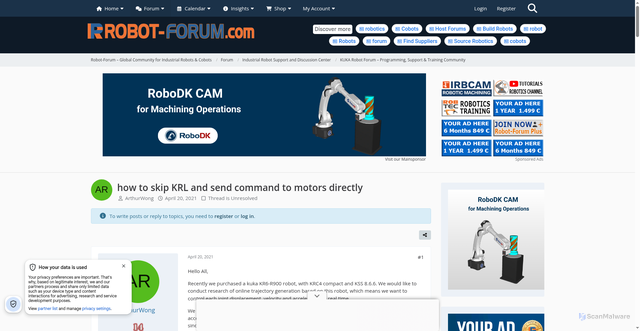 Security scan screenshot of https://www.robot-forum.com/robotforum/thread/38069-how-to-skip-krl-and-send-command-to-motors-directly/