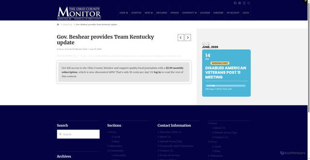 Security scan screenshot of https://ocmonitor.com/2026/06/25/gov-beshear-provides-team-kentucky-update-162/