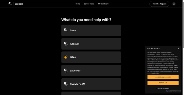 Security scan screenshot of https://support.rockstargames.com/request