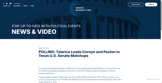 Security scan screenshot of https://senatemajority.com/news/polling-talarico-leads-cornyn-and-paxton-in-texas-u-s-senate-matchups/