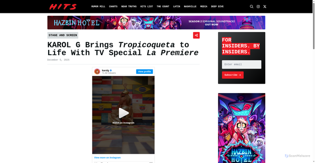 Security scan screenshot of https://www.hitsdailydouble.com/news/stage-and-screen/karol-g-la-premiere-tv-special-2025-12-05