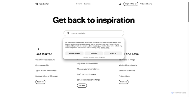 Security scan screenshot of https://help.pinterest.com/en?e_t=c1636afba757462e8191104f8109cca9&e_t_s=footer&source=email_footer&utm_campaign=tos_jun_2026&utm_source=31