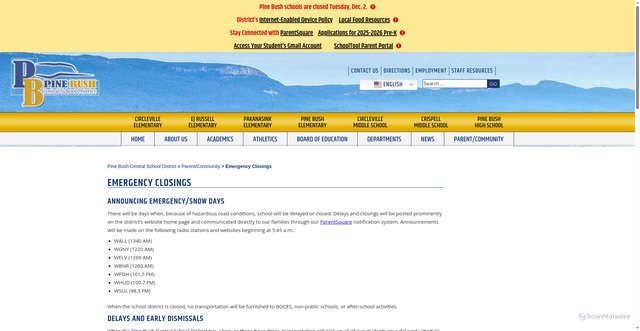 Security scan screenshot of https://www.pinebushschools.org/parent-community/emergency-closings/