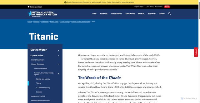 Security scan screenshot of https://americanhistory.si.edu/explore/exhibitions/on-the-water/online/ocean-crossings/comfort-courtesy-safety-speed/titanic