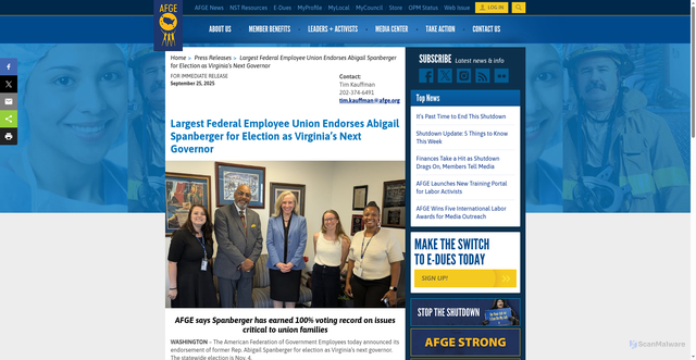 Security scan screenshot of https://www.afge.org/publication/largest-federal-employee-union-endorses-abigail-spanberger-for-election-as-virginias-next-governor/