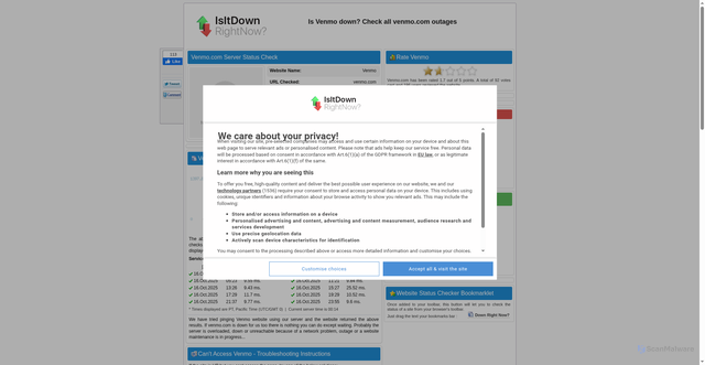 Security scan screenshot of https://www.isitdownrightnow.com/venmo.com.html