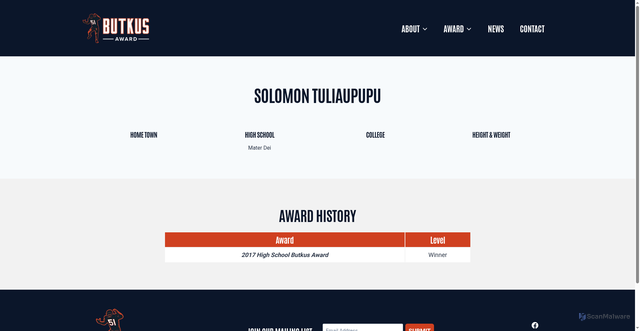 Security scan screenshot of https://www.thebutkusaward.com/player/solomon-tuliaupupu/