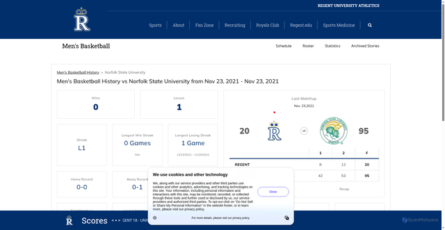 Security scan screenshot of https://regentroyals.com/sports/mens-basketball/opponent-history/norfolk-state-university/93