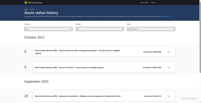 Security scan screenshot of https://azure.status.microsoft/en-us/status/history/