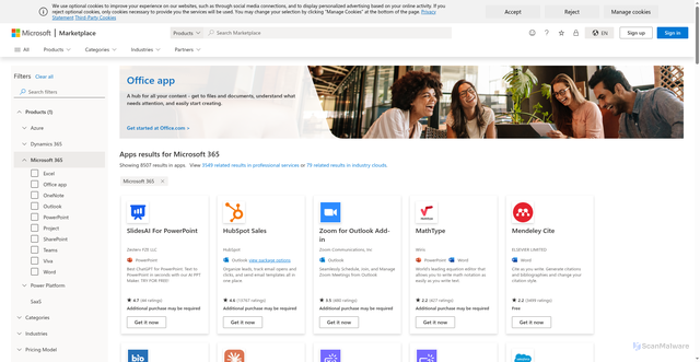 Security scan screenshot of https://addinsinstallation.store.office.com/