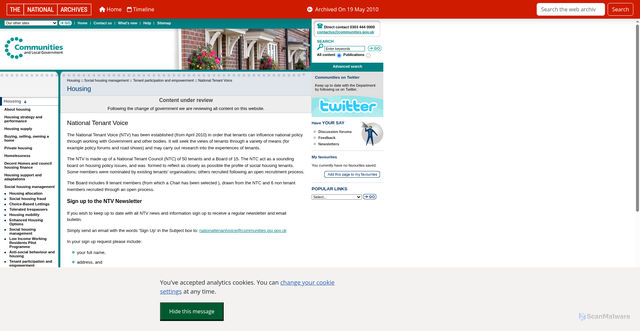 Security scan screenshot of https://webarchive.nationalarchives.gov.uk/ukgwa/+/http://www.communities.gov.uk/housing/housingmanagementcare/tenantparticipationempowerment/nationaltenantvoice/