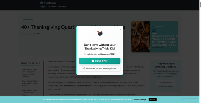 Security scan screenshot of https://triviamaker.com/thanksgiving-questions-and-answers/