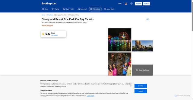 Security scan screenshot of https://www.booking.com/attractions/us/pr1rsa8hopqf-disneyland-resort-one-park-per-day-tickets.html