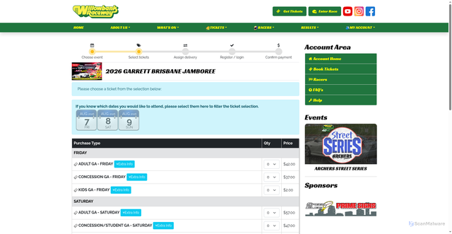 Security scan screenshot of https://willowbankraceway.com.au/tickets/2026-garrett-brisbane-jamboree/