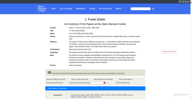Security scan screenshot of https://norman.hrc.utexas.edu/fasearch/findingAid.cfm?eadid=01082