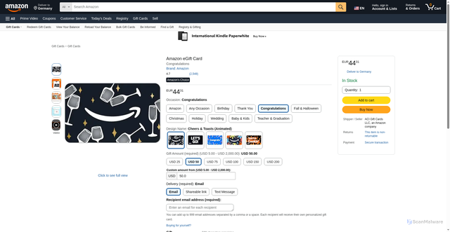 Security scan screenshot of https://fseryy.pages.dev/Amazon-eGift-Card-Cheers-and-Toasts-Animated/dp/B0F2N1PSF7?pf_rd_p=f48567e1-5fd4-416a-a01c-fe4d73966da9&pf_rd_r=06CM176ZSW8HP3EHPSBP&ref_=US_GC_AGC_P1_25_STND_B0F2N1PSF7