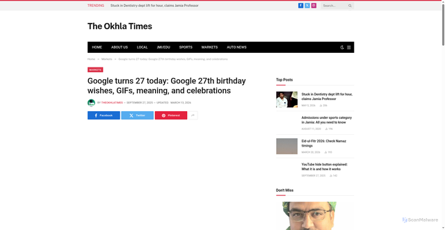Security scan screenshot of https://theokhlatimes.com/google-27th-birthday-wishes-gifs-meaning-celebrations/