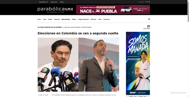 Security scan screenshot of https://www.parabolica.mx/2026/internacional/item/6480-elecciones-en-colombia-se-van-a-segunda-vuelta