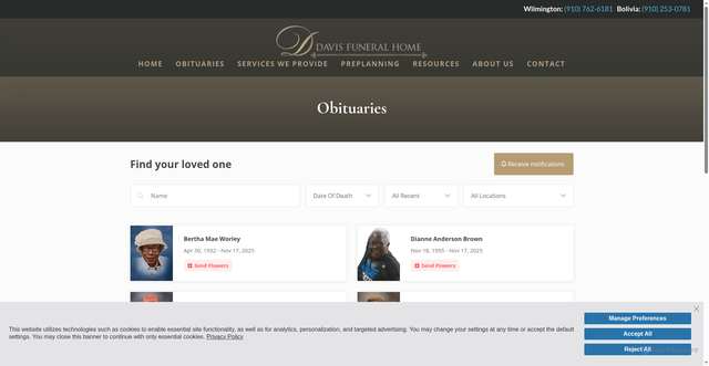 Security scan screenshot of https://www.davisfuneralhomenc.com/obituaries/obituary-listings