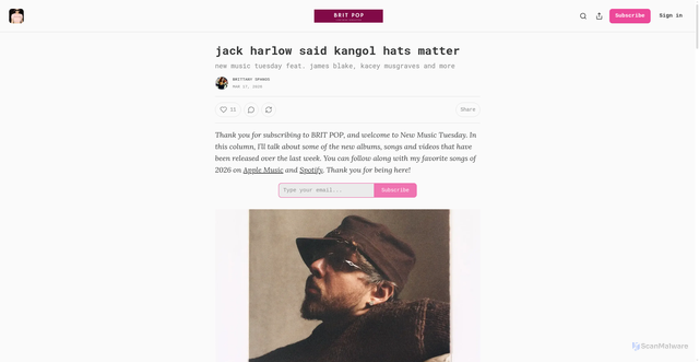 Security scan screenshot of https://brittanyspanos.substack.com/p/jack-harlow-said-kangol-hats-matter