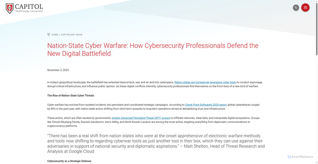 Security scan screenshot of https://www.captechu.edu/blog/how-cybersecurity-professionals-defend-the-new-digital-battlefield