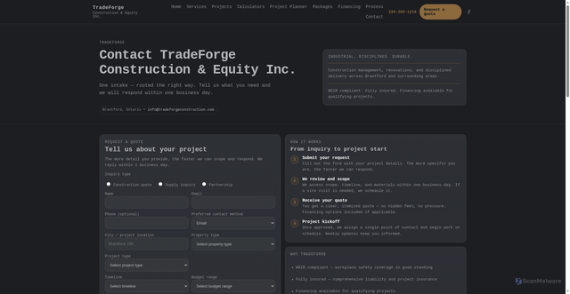 Security scan screenshot of https://tradeforgeconstruction.com/contact