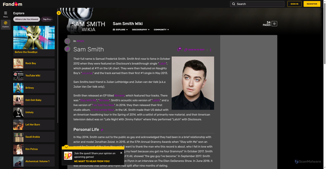 Security scan screenshot of https://sam-smith.fandom.com/wiki/Sam_Smith