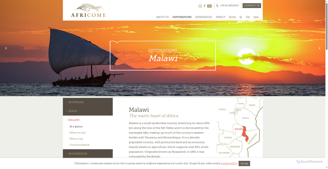 Security scan screenshot of https://www.africome.com/en/destinations/malawi