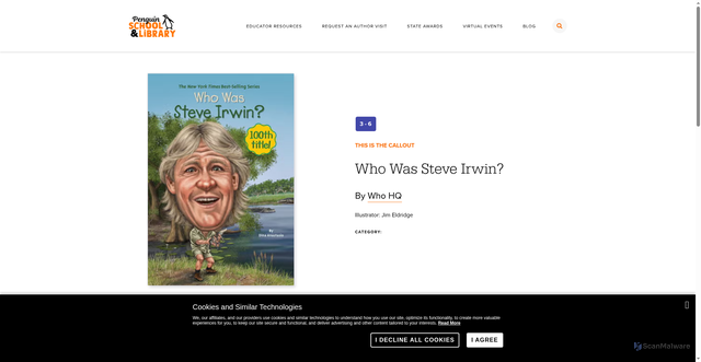 Security scan screenshot of https://www.penguinclassroom.com/books/who-was-steve-irwin/