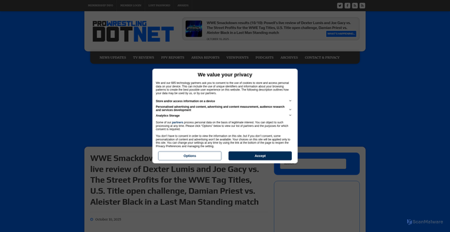 Security scan screenshot of https://prowrestling.net/site/2025/10/10/wwe-smackdown-results-10-10-powells-live-review-of-dexter-lumis-and-joe-gacy-vs-the-street-profits-for-the-wwe-tag-titles-u-s-title-open-challenge-damian-priest-vs-aleister-black-in-a-last-m/