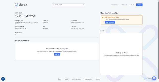 Security scan screenshot of https://app.abusix.com/lookup/results?q=191.156.47.251