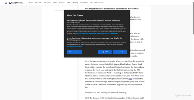 Security scan screenshot of https://ravenswire.usatoday.com/story/sports/nfl/ravens/2025/11/30/afc-playoff-picture-ravens-steelers-week-14/87543717007/