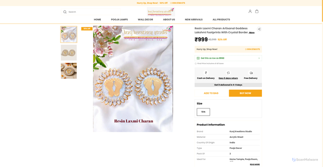 Security scan screenshot of https://kunjkreationsstudio.com/Resin-Laxmi-Charan-Artisanal-Goddess-Lakshmi-Footprints-With-Crystal-Border/catalogue/OAxG-Ype/36oZKzB8
