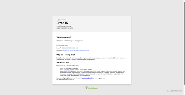 Security scan screenshot of https://www.familysearch.org/en/surname?surname=doger