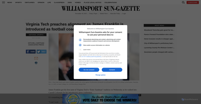 Security scan screenshot of https://www.sungazette.com/sports/2025/11/virginia-tech-preaches-alignment-as-james-franklin-is-introduced-as-football-coach/