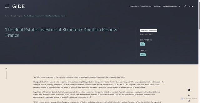 Security scan screenshot of https://www.gide.com/en/news-insights/the-real-estate-investment-structure-taxation-review-france/