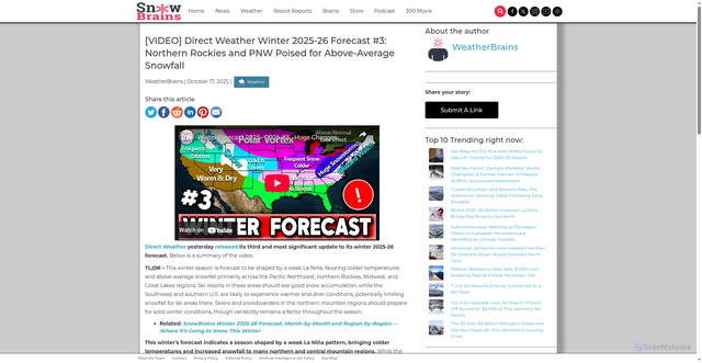 Security scan screenshot of https://snowbrains.com/video-direct-weather-winter-2025-26-forecast-3-northern-rockies-and-pnw-poised-for-above-average-snowfall/