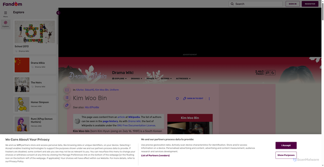 Security scan screenshot of https://drama.fandom.com/wiki/Kim_Woo_Bin