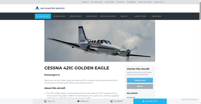 Security scan screenshot of https://www.aircharterserviceusa.com/aircraft-guide/private/cessnaaircraftcompany-usa/cessna421cgoldeneagle
